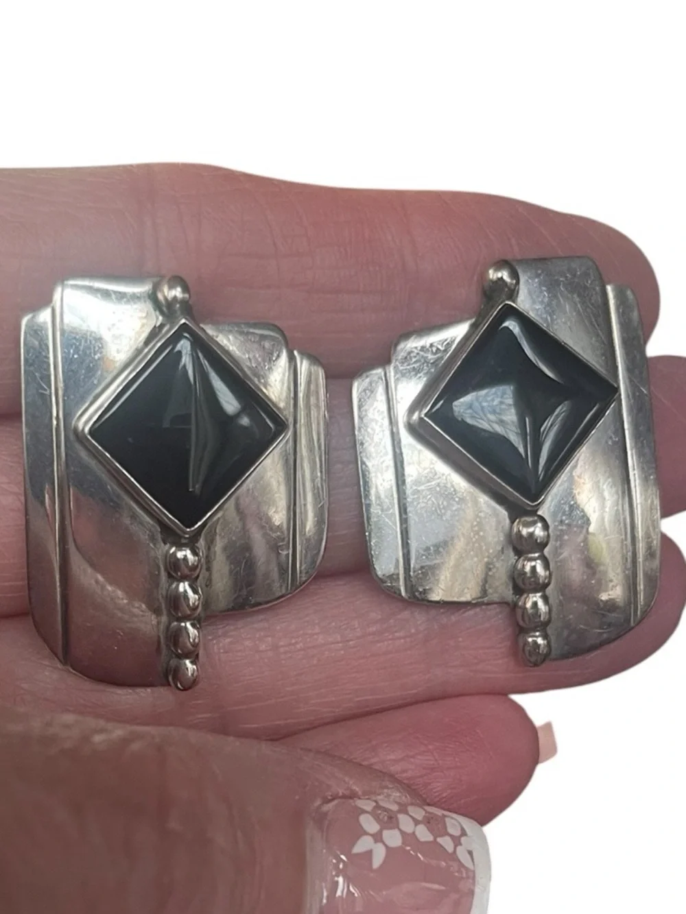 Modernist Sterling Silver Black Onyx Geometric Earrings Bold Statement